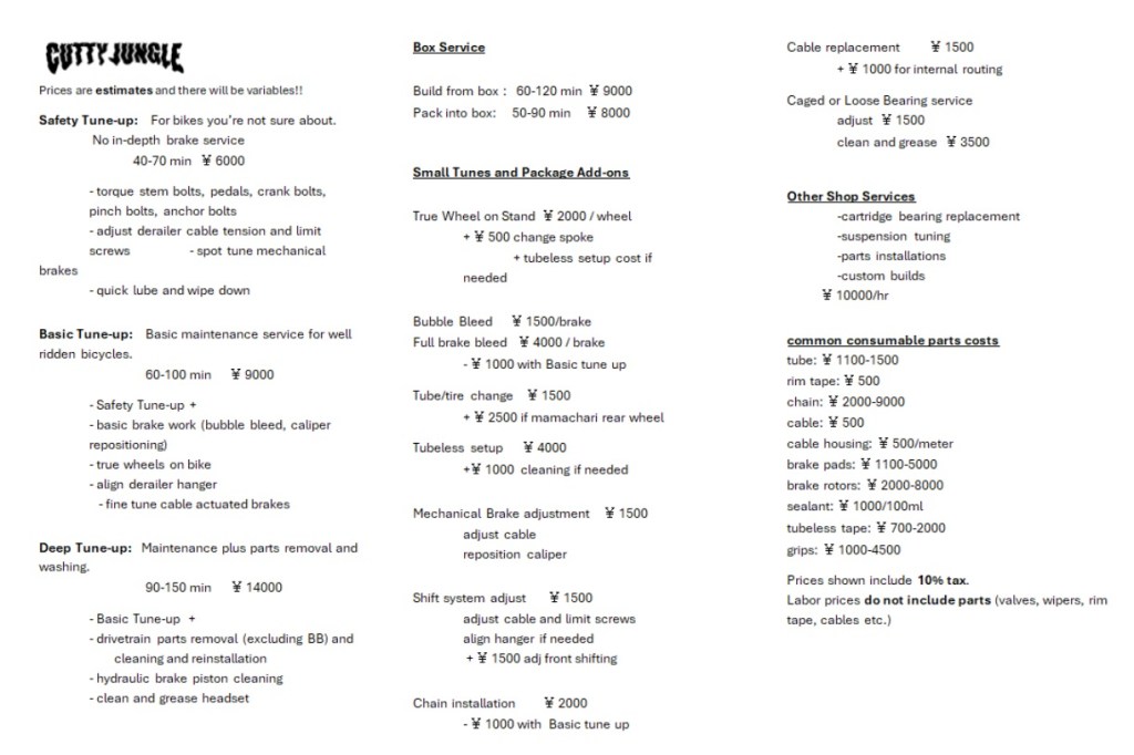 A detailed service menu for bike repair, including various tune-up packages and additional services offered by Cutty Jungle. The text outlines descriptions, durations, and costs for each service, along with notes on common bike maintenance tasks.